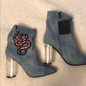 SO FREE Denim Snake Embroidered Heels